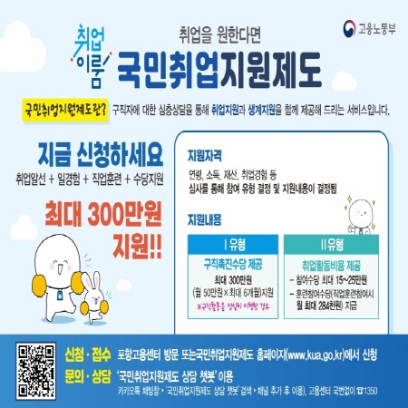 취업을 원한다면
국민취업지원제도

국민취업지원제도란?
구직자에 대한 심층상담을 통해 취업지원과 생계지원을 함께 제공해 드리는 서비스입니다.

지금 신청하세요
취업알선 + 일경험 + 직업훈련 + 수당지원
최대 300만원 지원!!

지원자격
연령, 소득, 재산, 취업경험 등
심사를 통해 해당 유형 결정 후 지원내용 및 지원금액 결정

지원내용
Ⅰ유형

구직촉진수당

최대 300만원

취업지원서비스

취업알선, 직업훈련, 일경험 등

Ⅱ유형

취업활동비용

취업지원서비스

취업알선, 직업훈련, 일경험 등

신청·접수

고용복지플러스센터 방문 또는 국민취업지원제도 홈페이지(www.kua.go.kr)에서 신청

문의·상담

고용노동부 상담센터 1350

자세한 내용은 QR코드 또는 홈페이지 참고

고용노동부