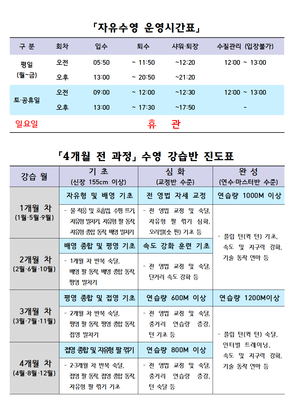 다원복합센터 12월 운영 일정(26년 1월 강습 모집) 및 수영 강습반 진도 안내